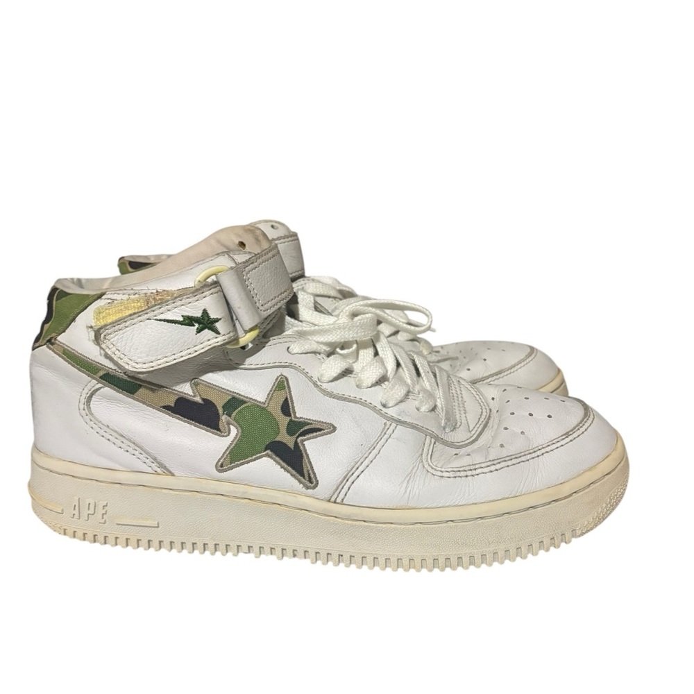 A Bathing Ape Green Camo White Leather Mid Bapesta Size 9